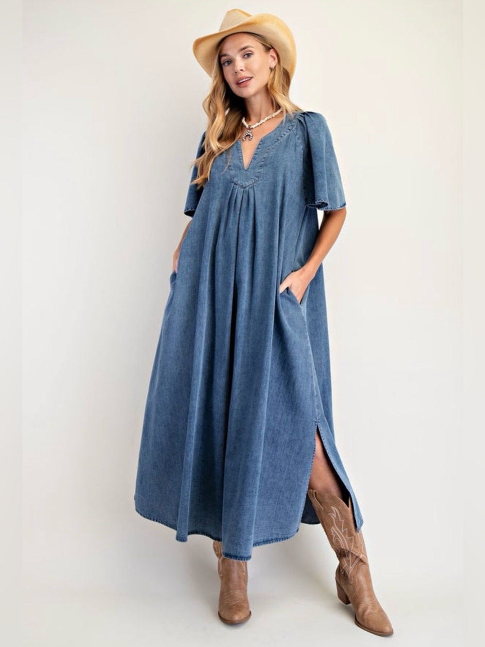 Denim Maxi Dress with V-Neck and Side Slit